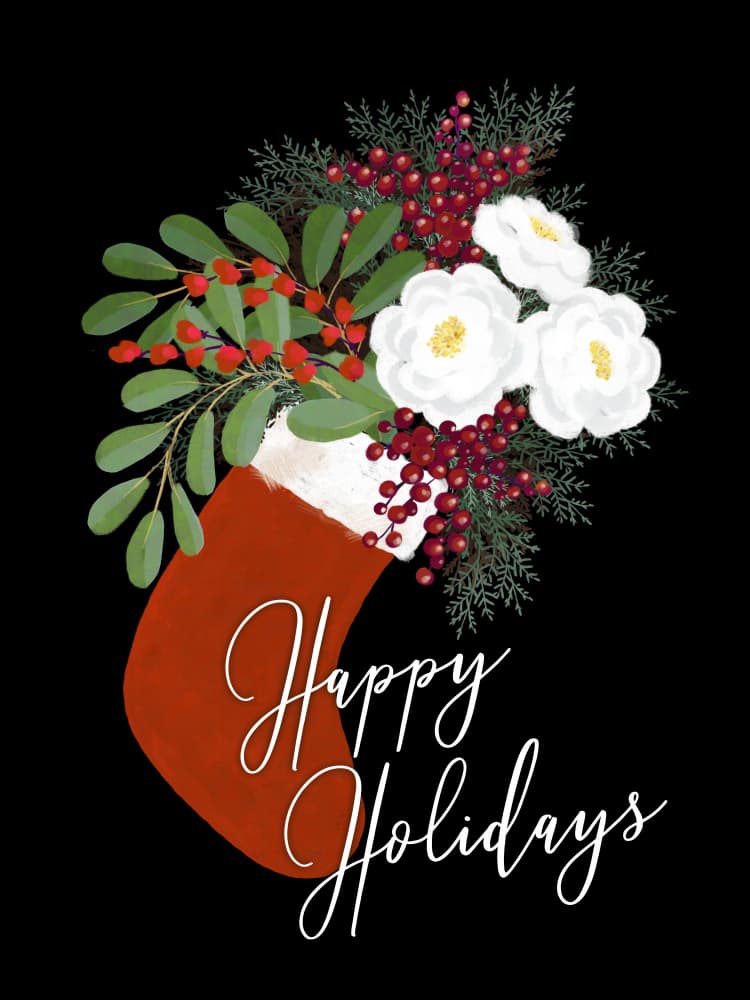 Happy Holidays Stocking Floral by Rosana Laiz Blursbyai — canvas wall art
