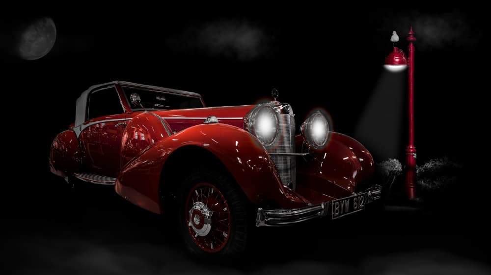 Red Vintage Car Night by Peter Schade — canvas wall art