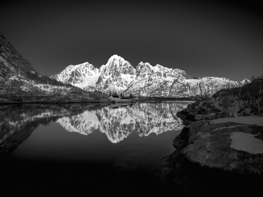 Serene Snowy Mountain Reflection by Allan Li wp — canvas wall art