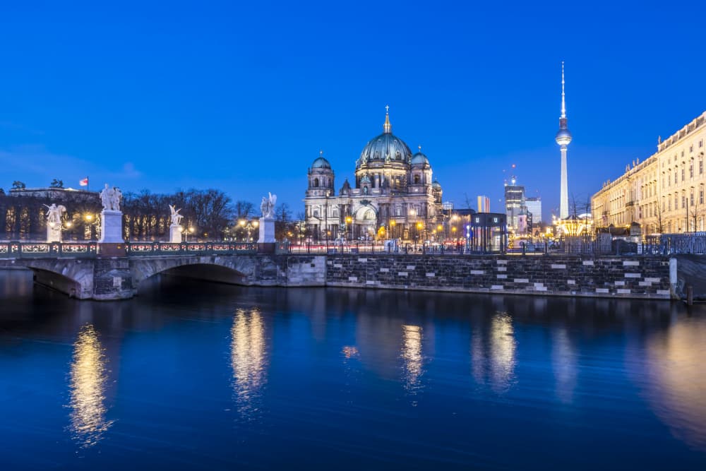 Berlin Cathedral Twilight Reflections by Melanie Viola — canvas wall art