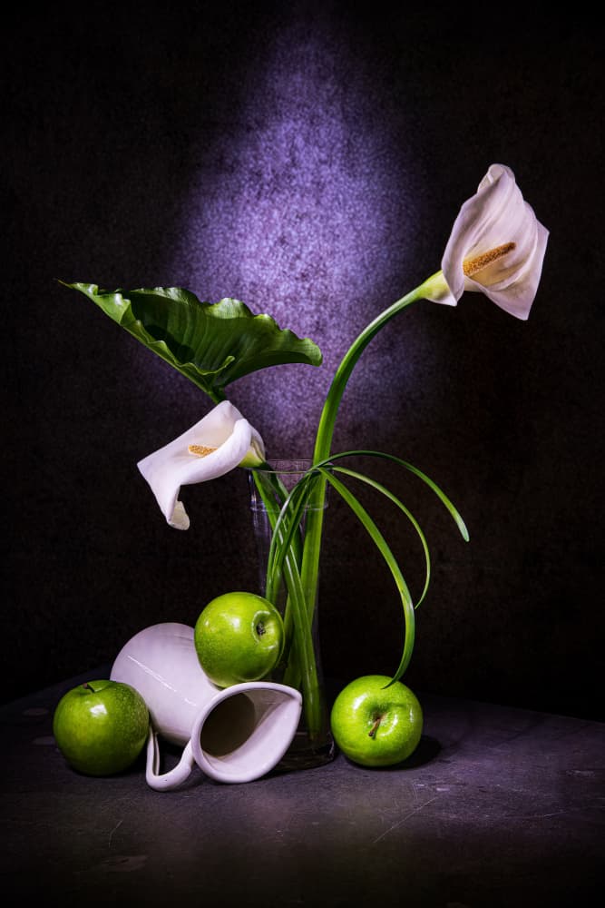 Elegant Calla Lilies and Green Apples by Felice Angelino — canvas wall art