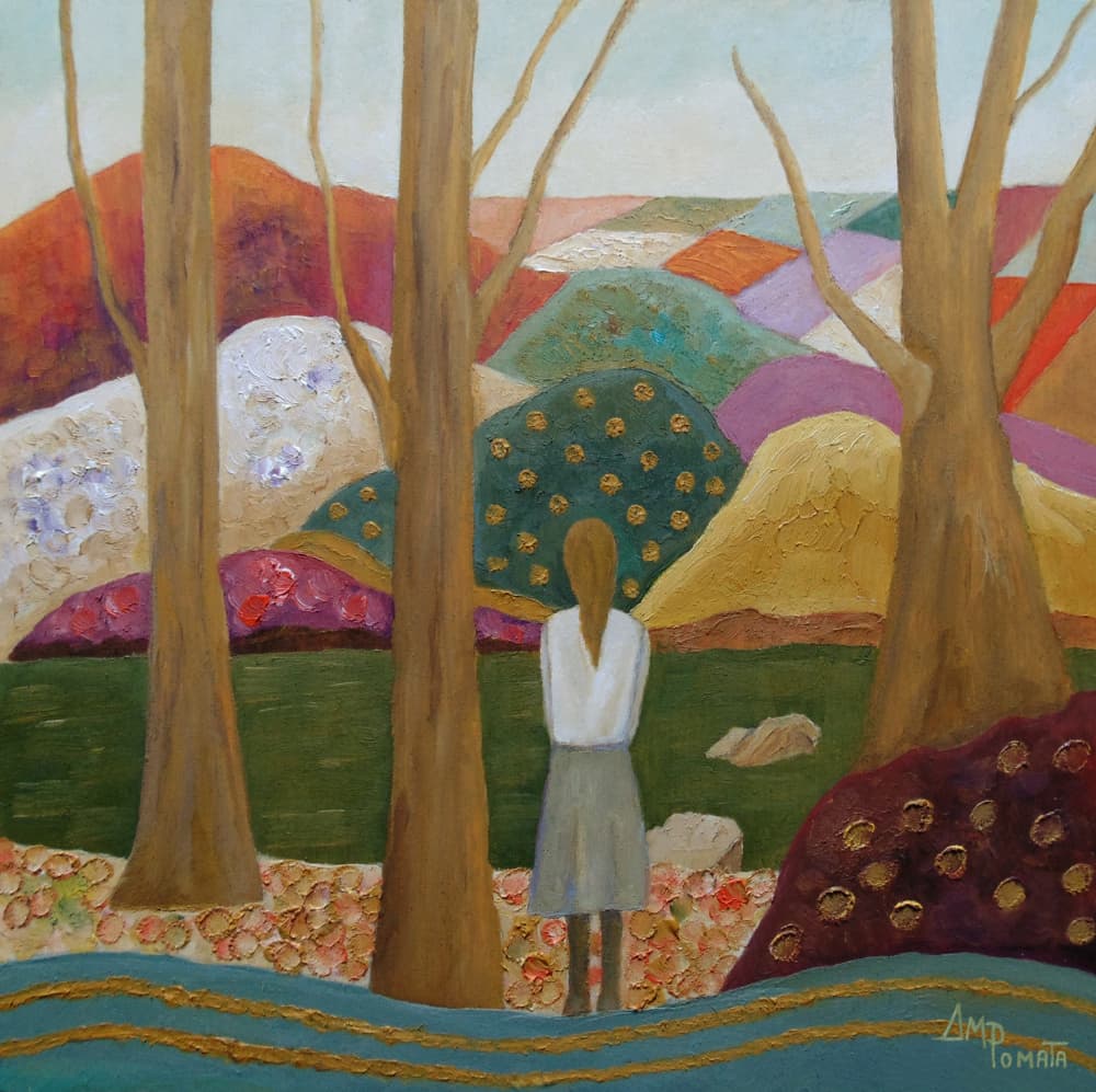 Woman Among Vibrant Hills by Angeles M. Pomata — canvas wall art