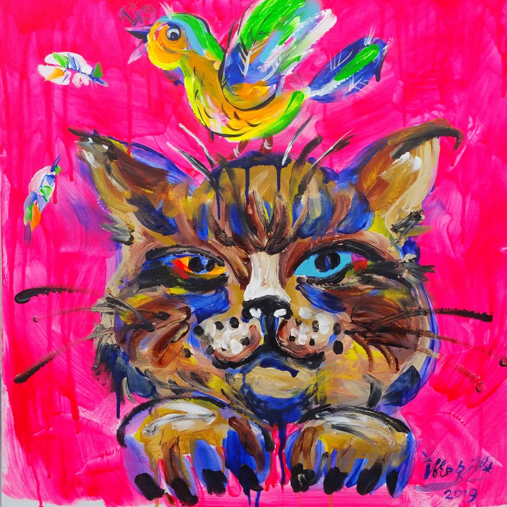 Colorful Cat With Bird by Kanat Ibragimov — canvas wall art