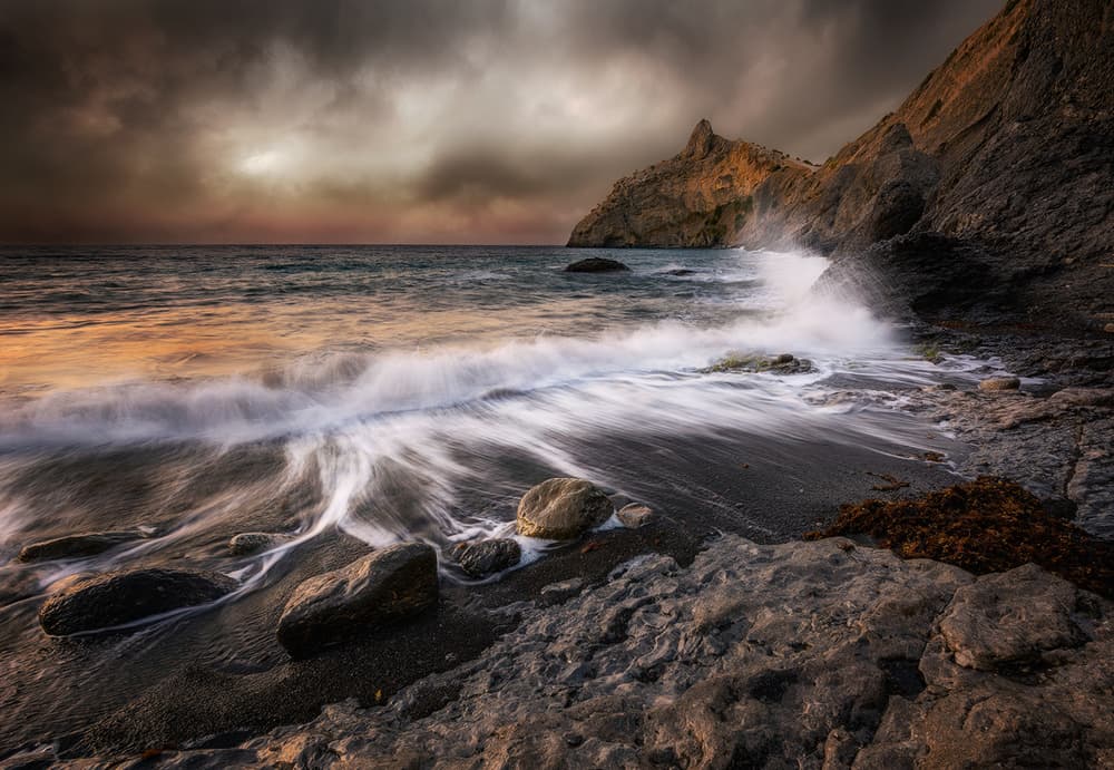 Golden Coastal Waves by Kirill Volkov — canvas wall art