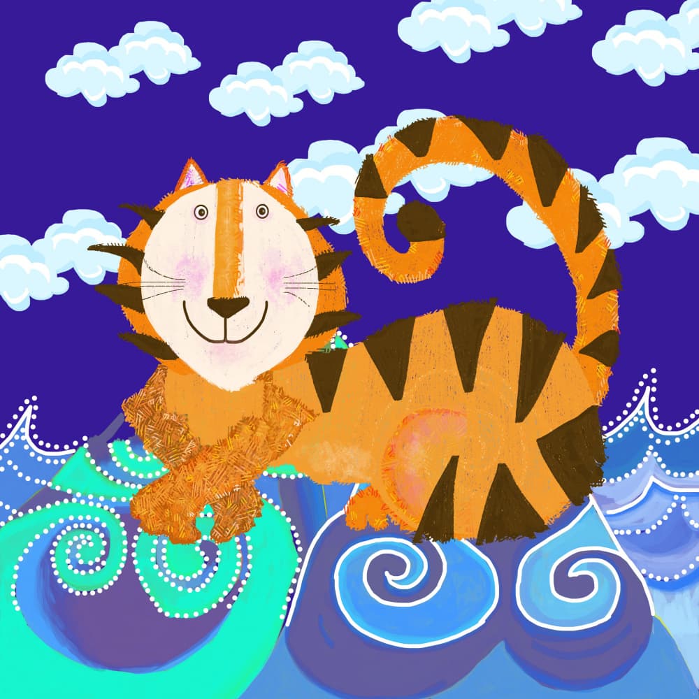 Happy Tiger On Waves by Lynnda Rakos — canvas wall art