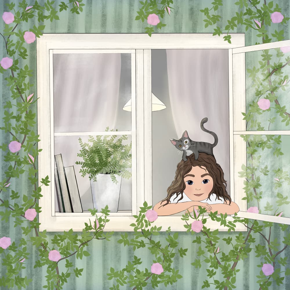 Girl Cat Cozy Window by EMELIEmaria — canvas wall art