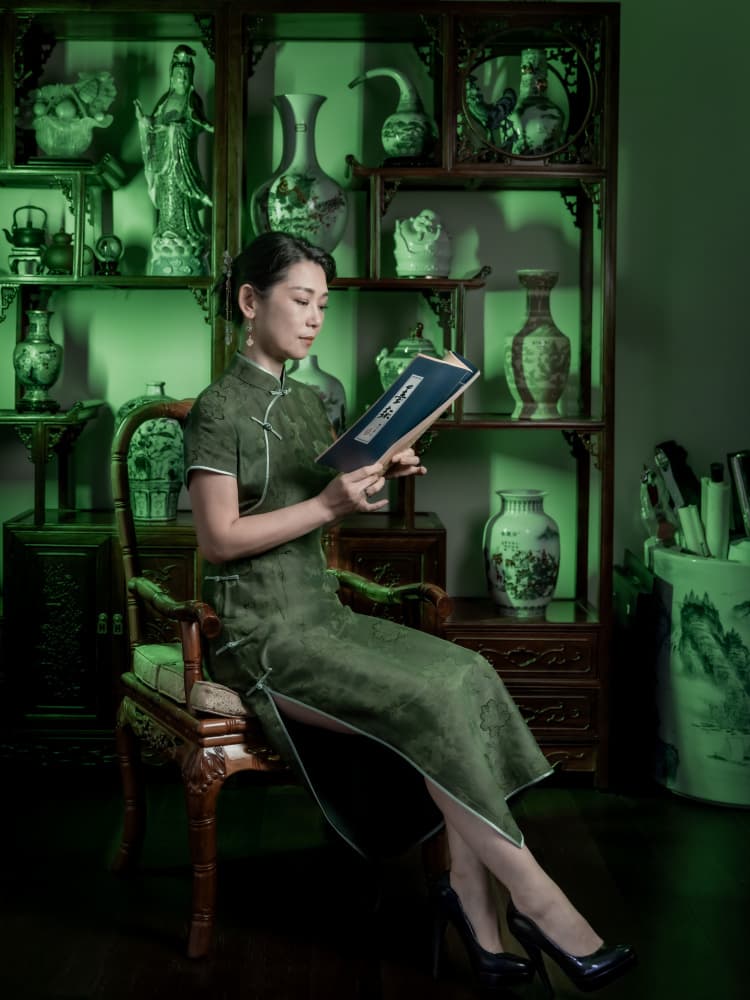 Lady in Green Qipao by Jeff Wang — canvas wall art