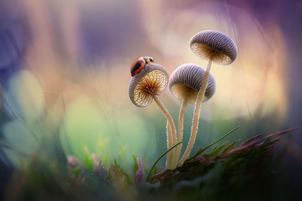 Ladybug on Glowing Mushrooms by Andri Priyadi — canvas wall art