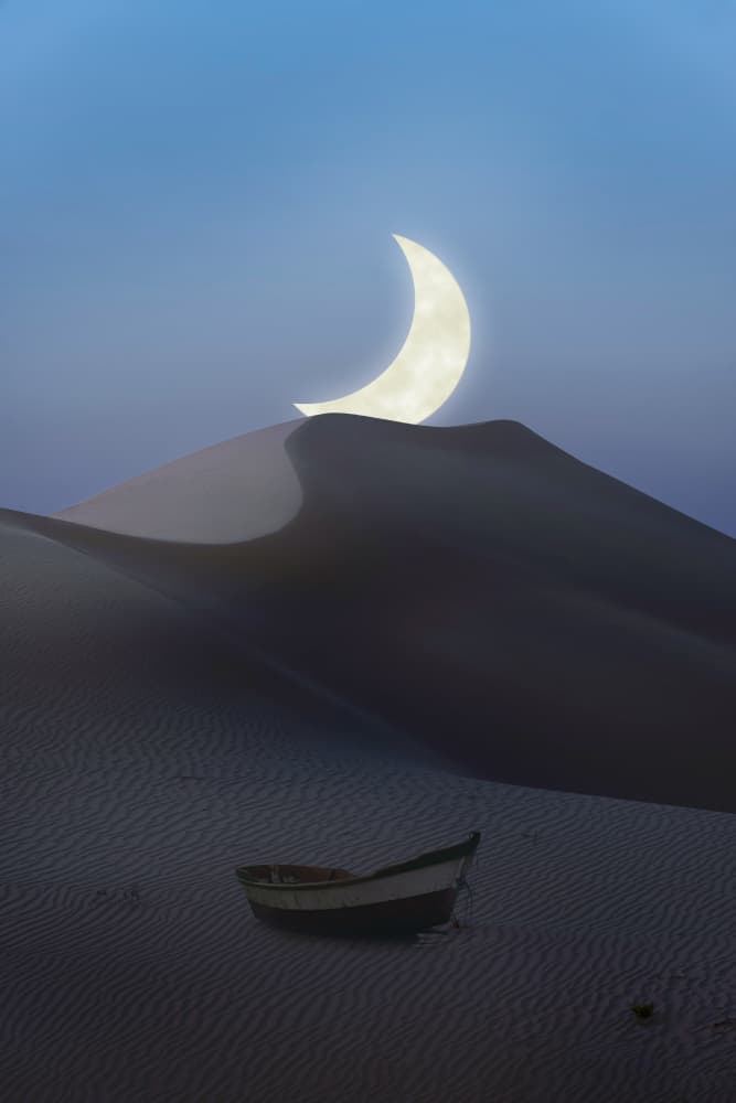 Lonely Boat Desert Moon by 陈权圣 — canvas wall art