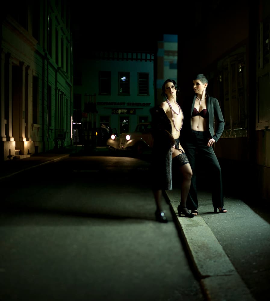 Two Women Night Street by woodplane — canvas wall art