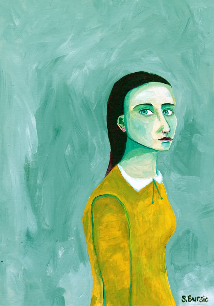 Pensive Woman In Yellow by Sharyn Bursic — canvas wall art
