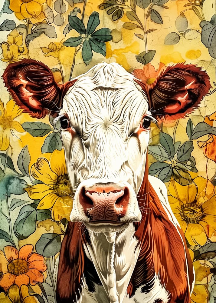 Gentle Cow Among Flowers by Justyna Jaszke — canvas wall art