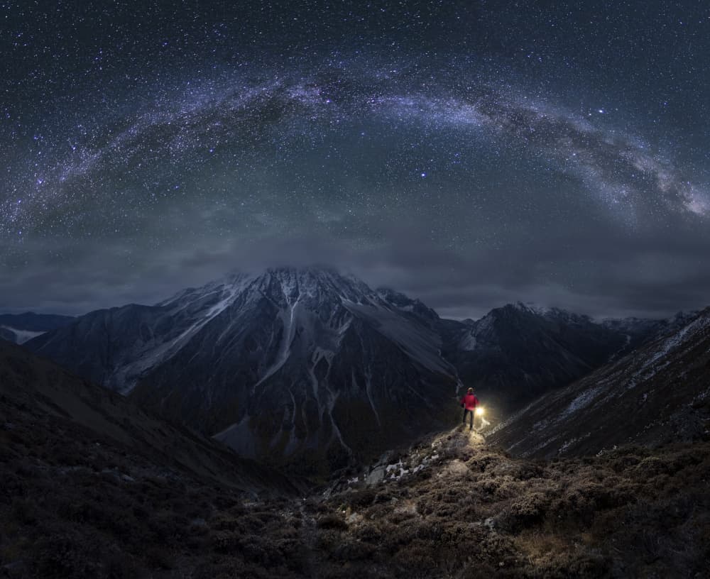 Starry Mountain Night Hiker by Minghao HOU — canvas wall art