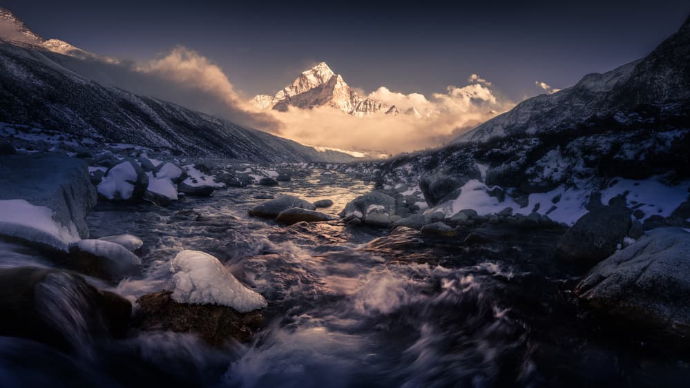 Alpine River Golden Light by qiye — canvas wall art