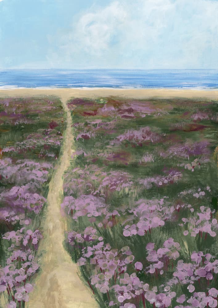 Purple Flowers Beach Path by Rosana Laiz Blursbyai — canvas wall art