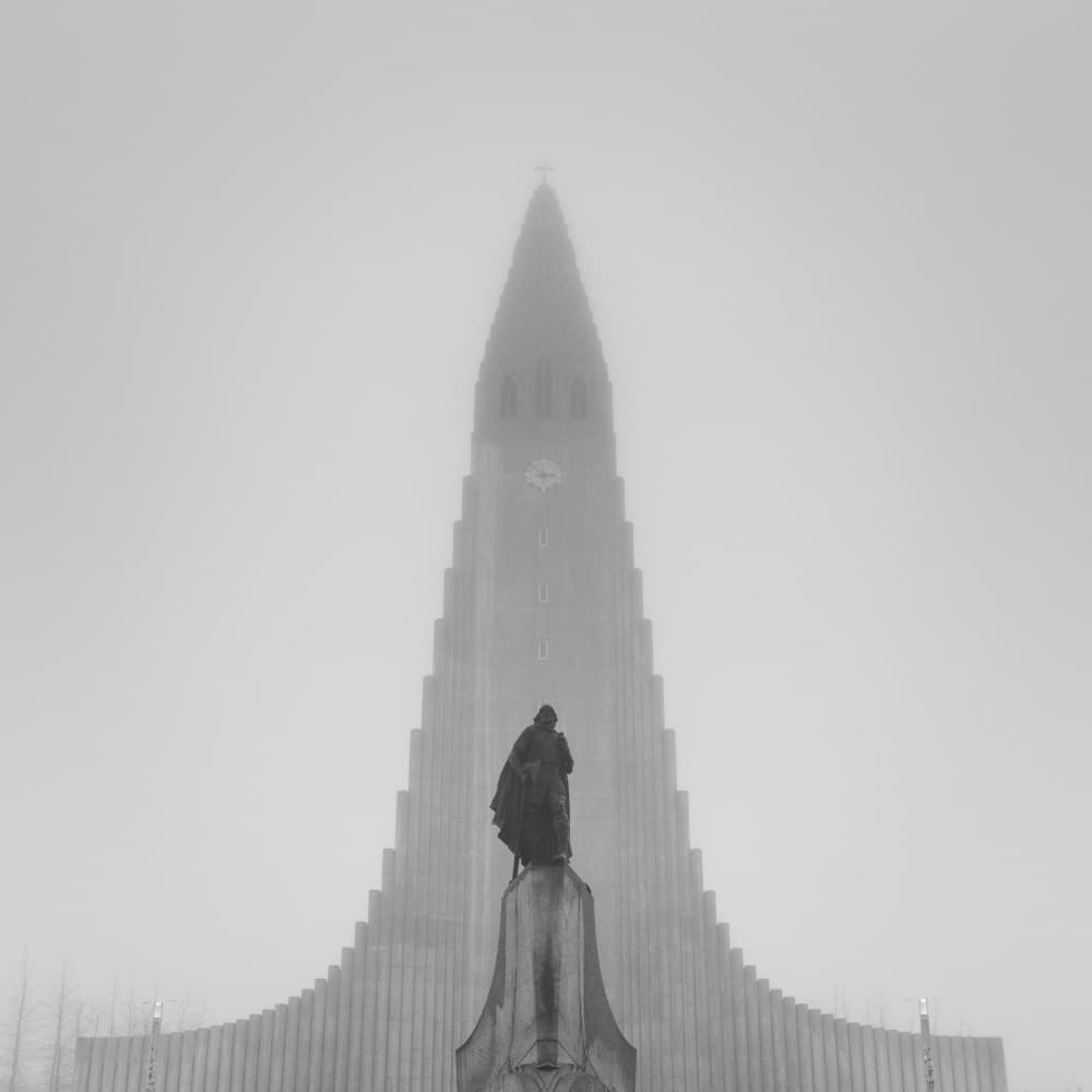Misty Hallgrímskirkja Church by Lynann Colligan — canvas wall art