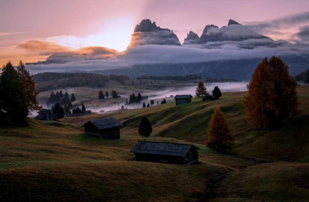 Misty Mountain Cabins by Xiaoyuan Xu — canvas wall art