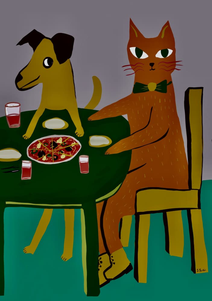 Cat Dog Pizza Dinner by Sharyn Bursic — canvas wall art