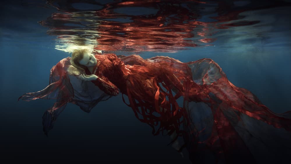 Serene Red Dress Underwater by Dmitry Frizel — canvas wall art