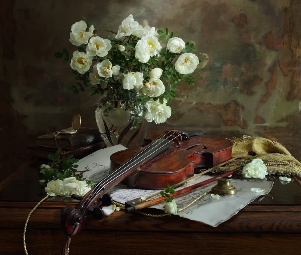 White Roses and Violin by Andrey Morozov — canvas wall art