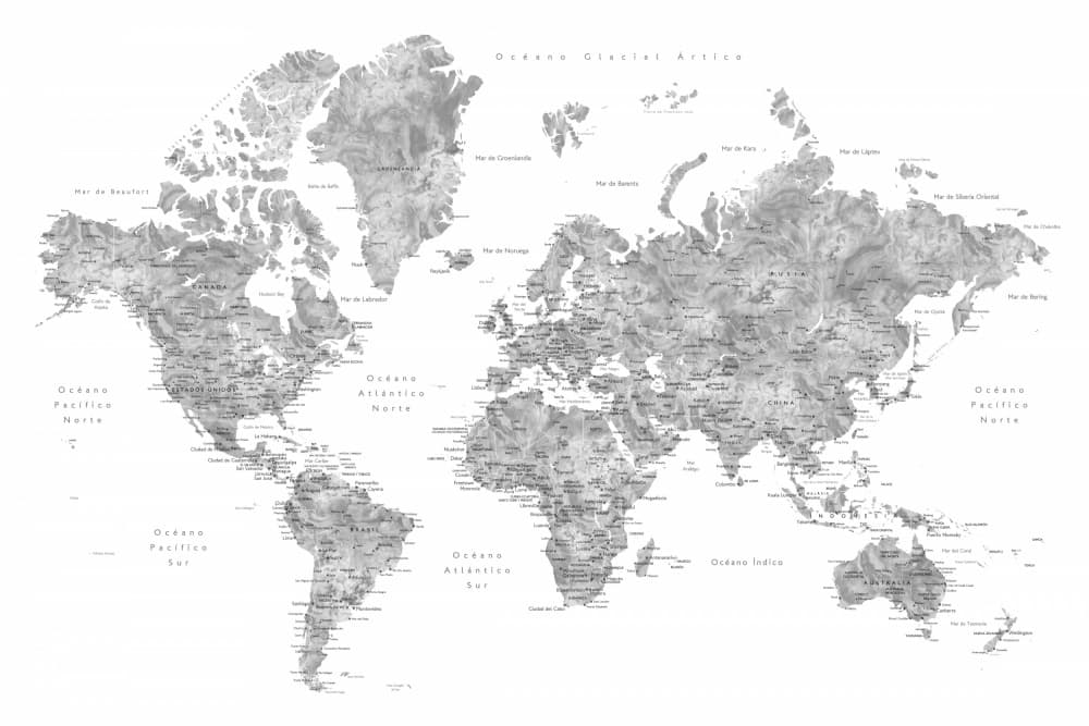 Detailed Grayscale World Map by Rosana Laiz Blursbyai — canvas wall art