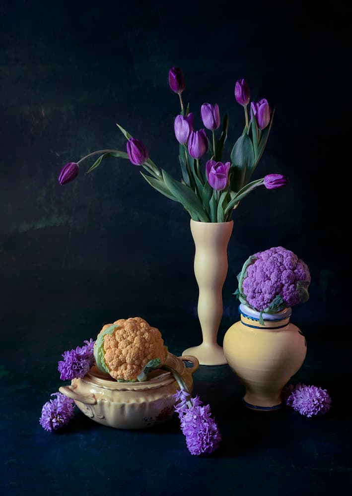 Purple Tulips And Cauliflower by Lydia Jacobs — canvas wall art