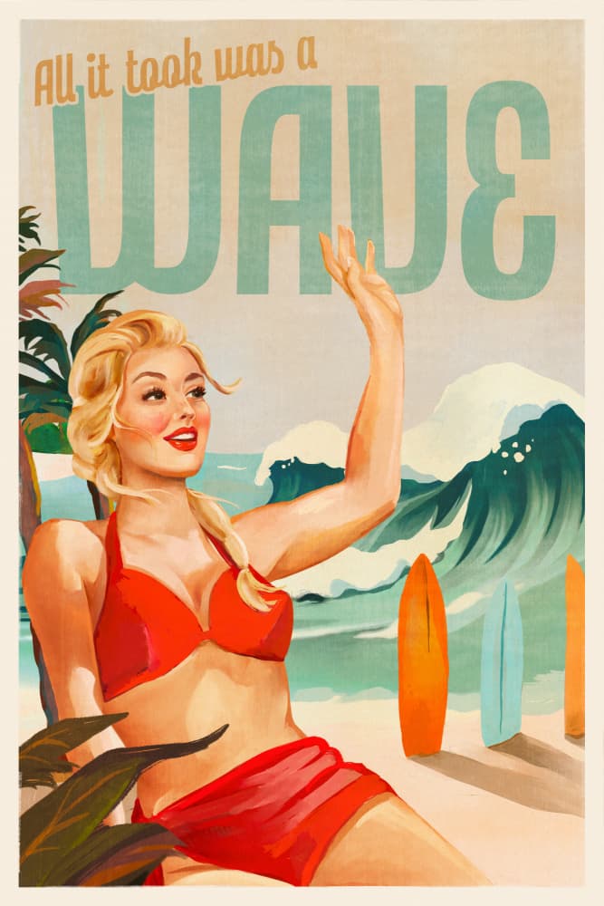 Surfing Pinup Girl On Beach In Bikini by The Whiskey Ginger — canvas wall art