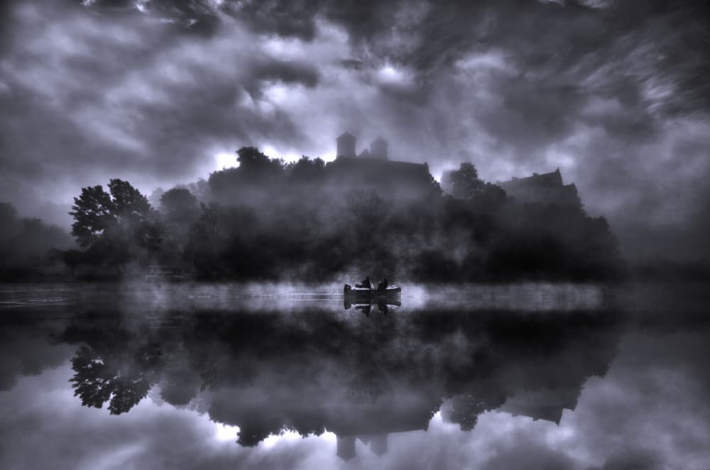 Misty Lake Castle Reflection by paralaxa — canvas wall art