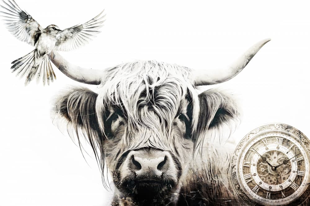 Highland Cow Timepiece by Rafal Kulik — canvas wall art