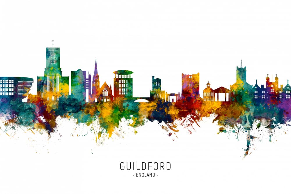 Vibrant Guildford Skyline Watercolor by Michael Tompsett — canvas wall art