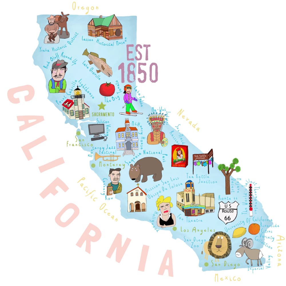 California Illustrated Map by Carla Daly — canvas wall art