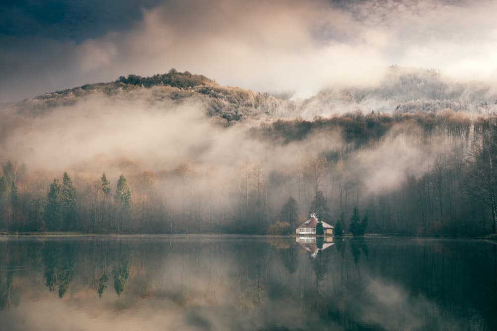 Misty Mountain Lake Cabin by Angyalosi Beáta — canvas wall art