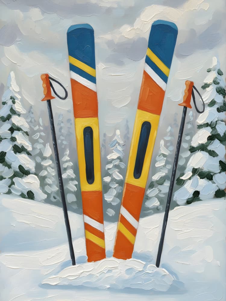 Orange Skis in Snow by HUGO — canvas wall art