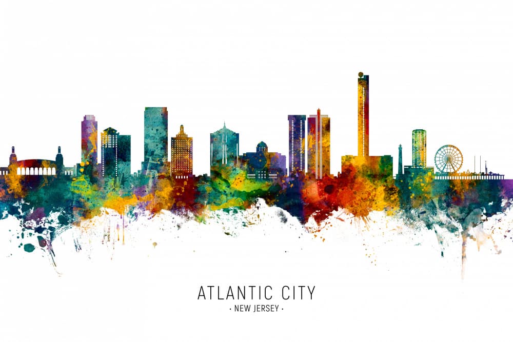 Atlantic City Watercolor Skyline by Michael Tompsett — canvas wall art
