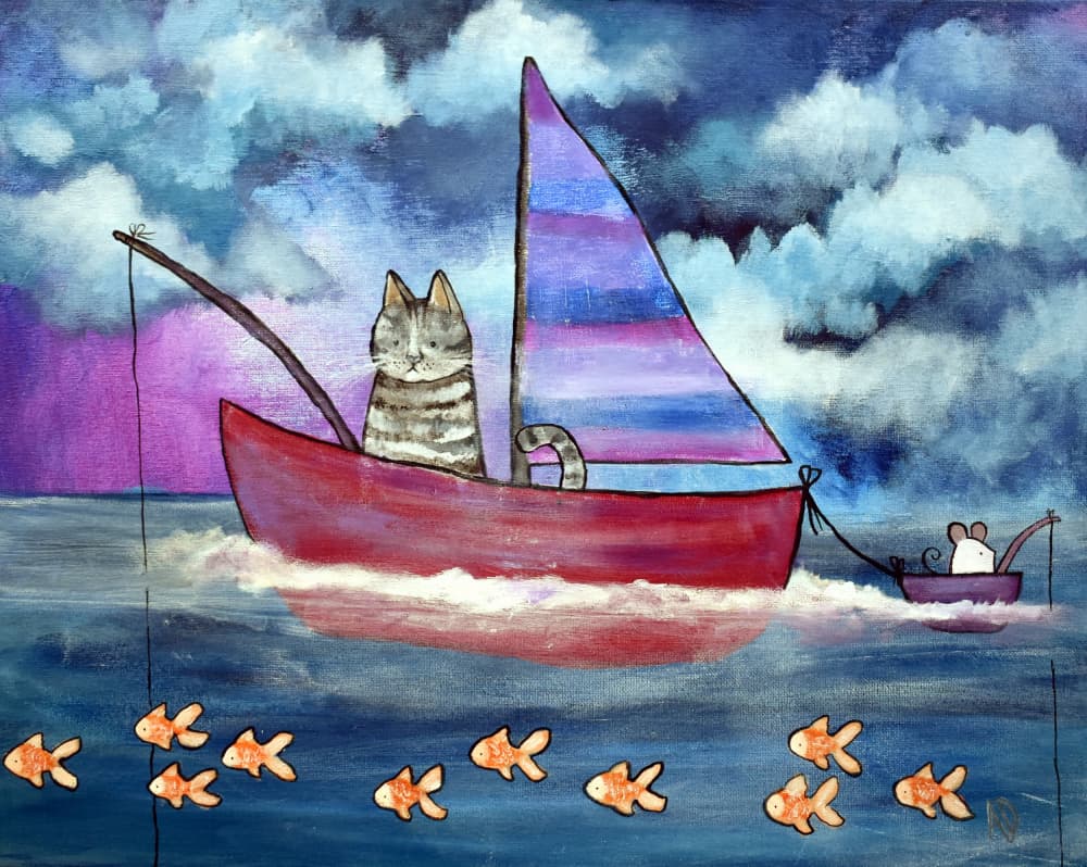Cat Fishing Adventure by Andrea Doss — canvas wall art