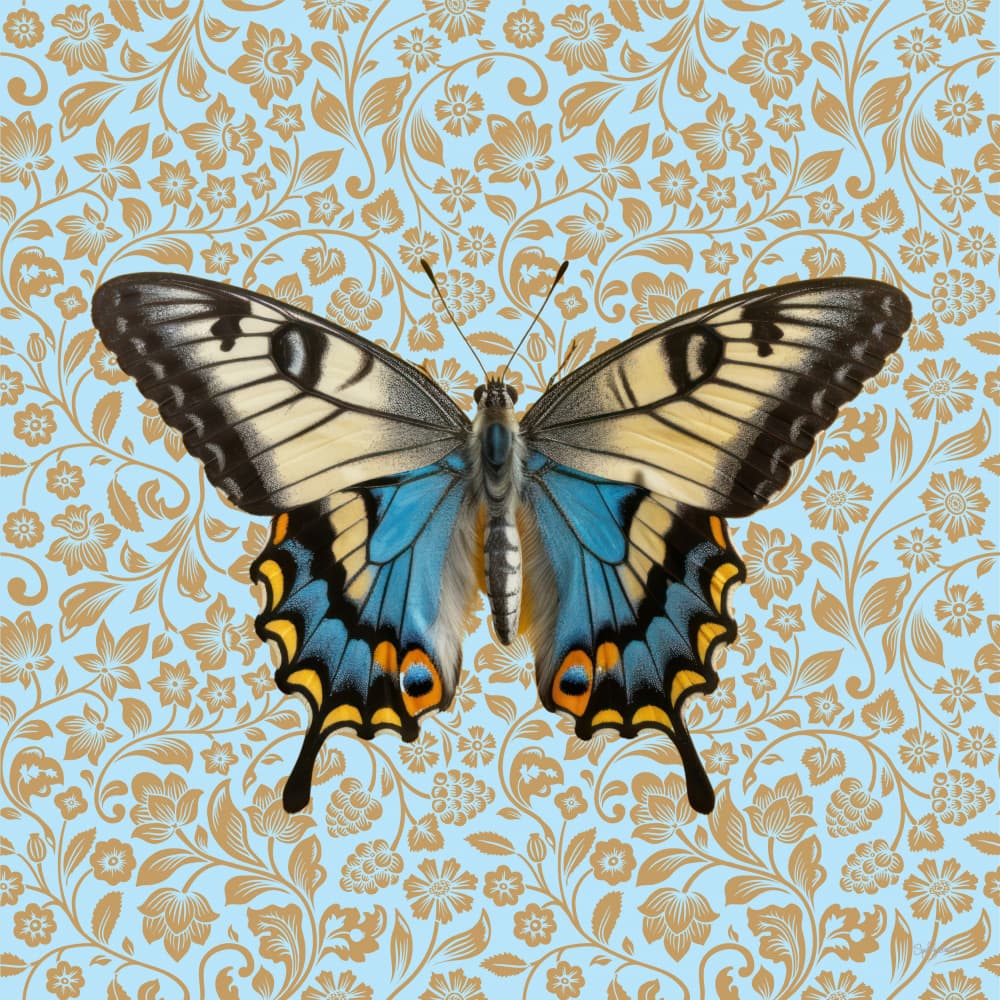 Blue Gold Floral Butterfly by Sue Skellern — canvas wall art