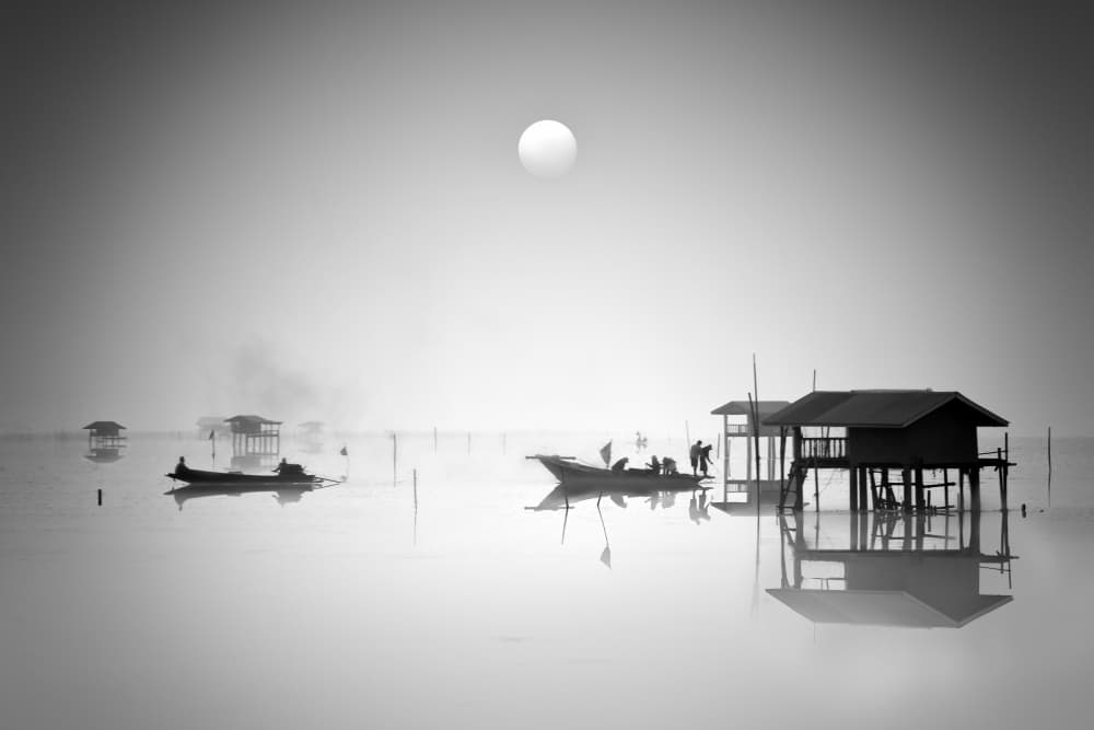 Misty Morning Fishing Village by Anuchit Sundarakiti — canvas wall art