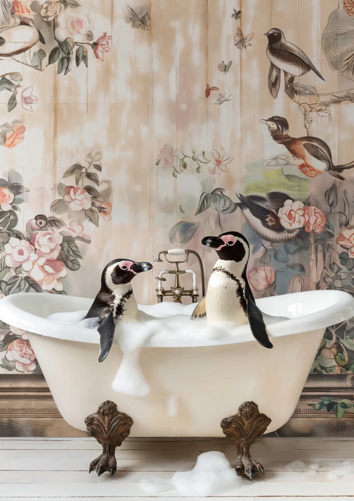 Penguins Bubble Bath by Niky Rahner — canvas wall art