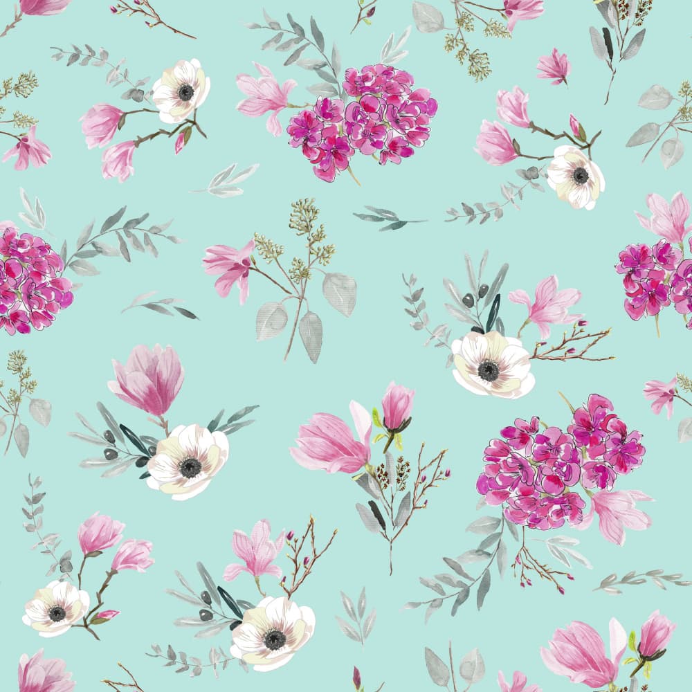 Floral Bouquets Pattern Acqua and Pink by Anis Illustration — canvas wall art