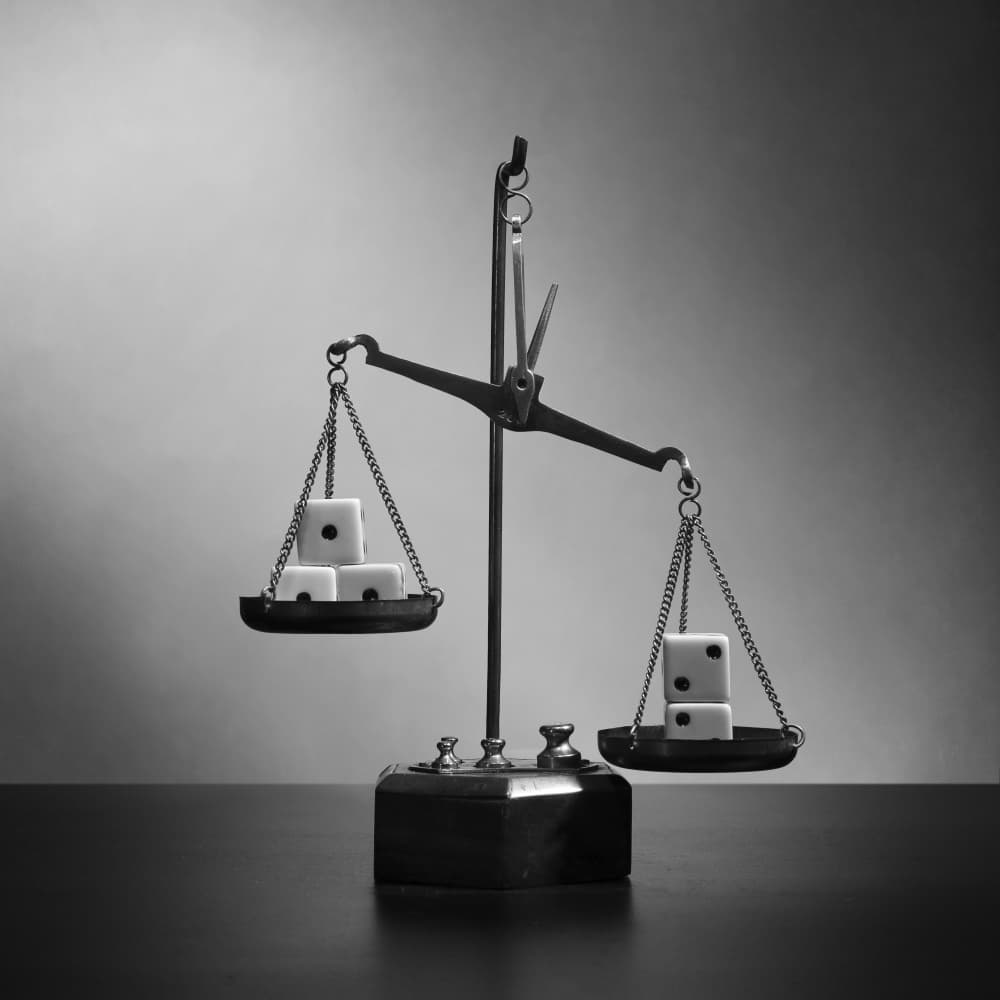 Dice On Balance Scale by Victoria  Glinka — canvas wall art