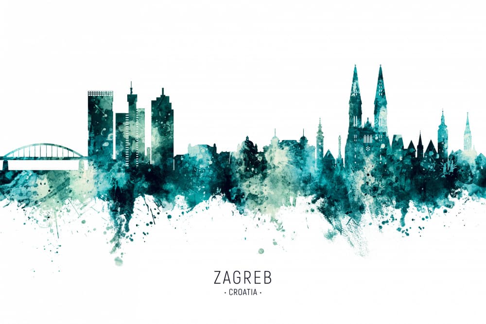 Zagreb City Skyline Watercolor by Michael Tompsett — canvas wall art