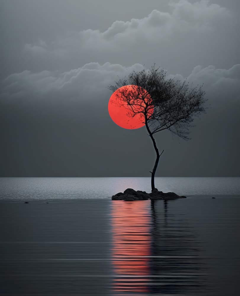 Solitary Tree Red Sun by Hosam.Karara — canvas wall art