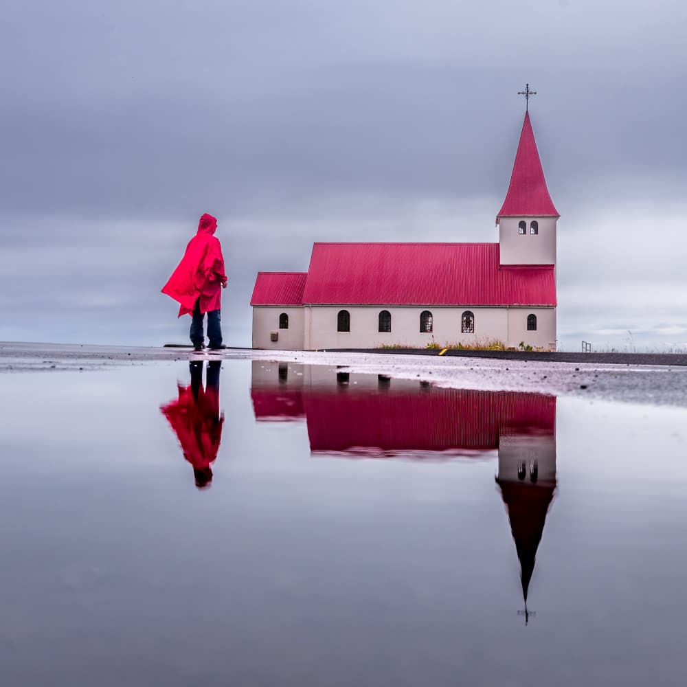 Red Church Reflection by Ariel Ling — canvas wall art