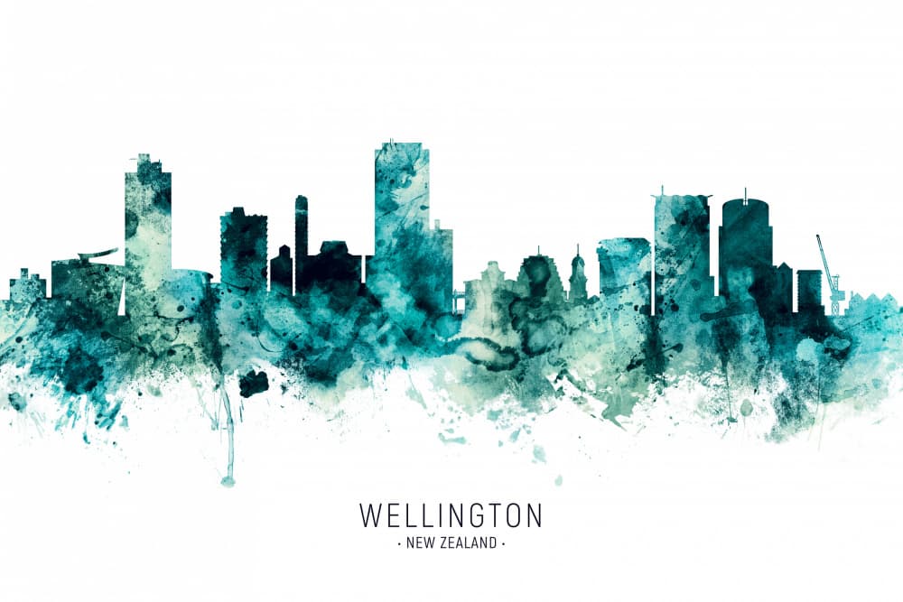Wellington Skyline Watercolor by Michael Tompsett — canvas wall art