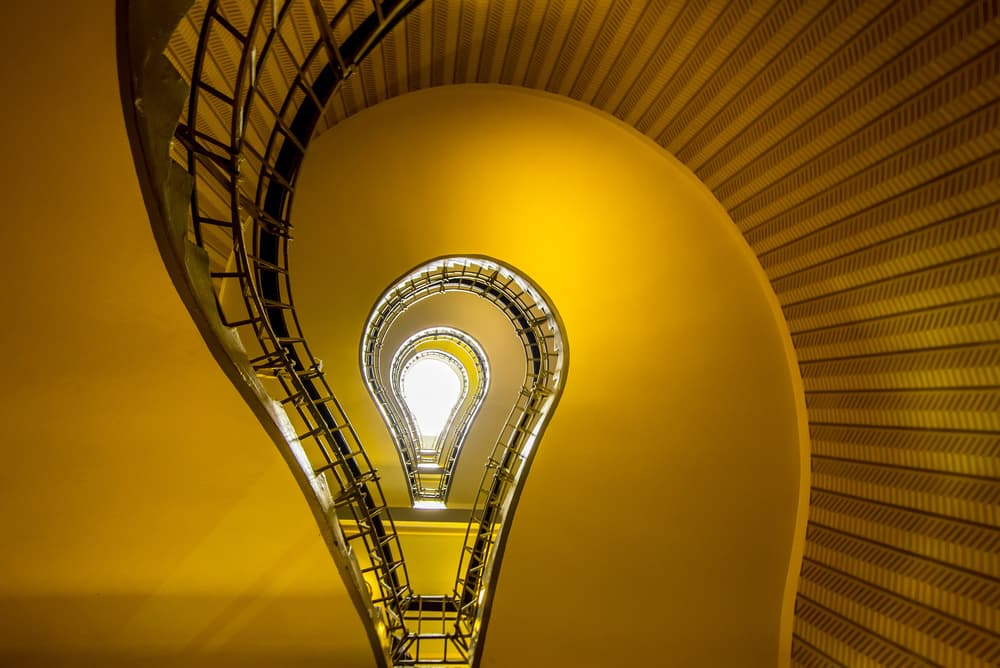 Golden Lightbulb Staircase by Renata Łacina — canvas wall art