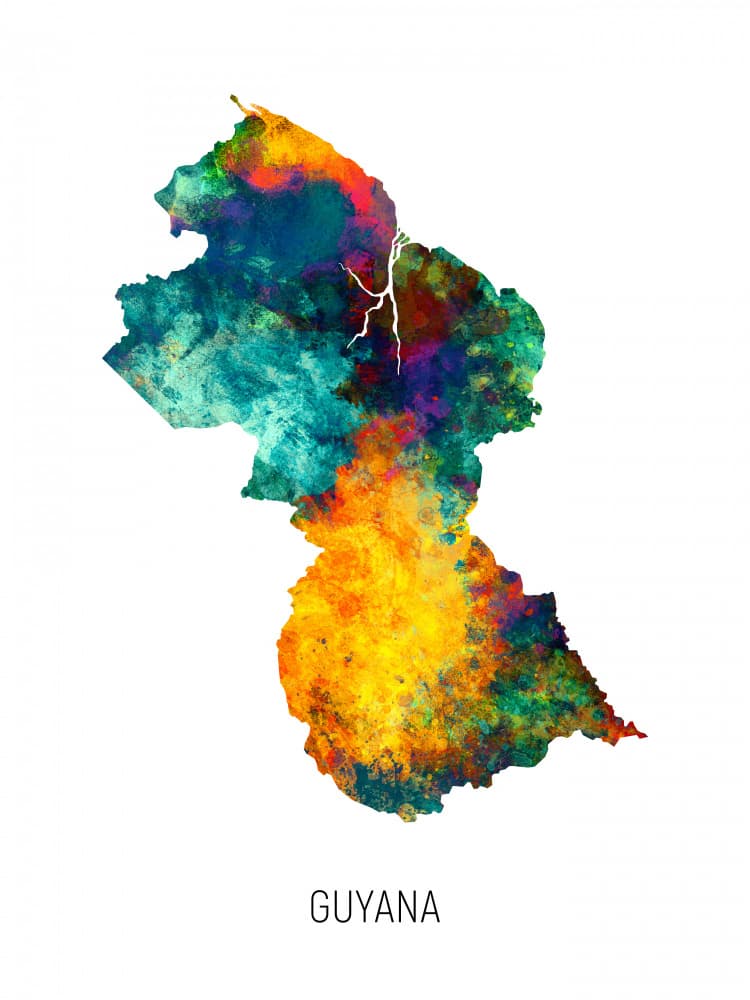 Guyana Watercolor Map by Michael Tompsett — canvas wall art