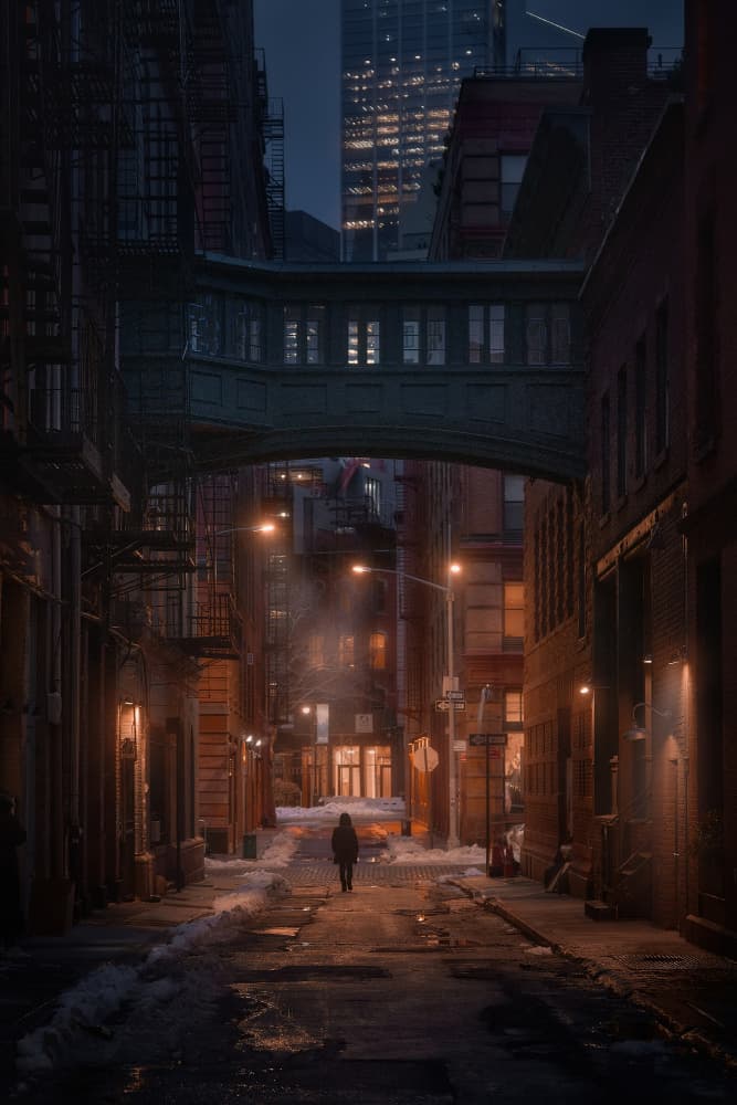Moody Winter City Night by Javier de la Torre — canvas wall art