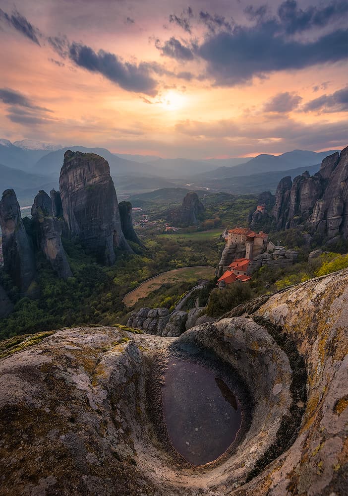 Meteora Monastery Sunset by Ilias Nikoloulis — canvas wall art
