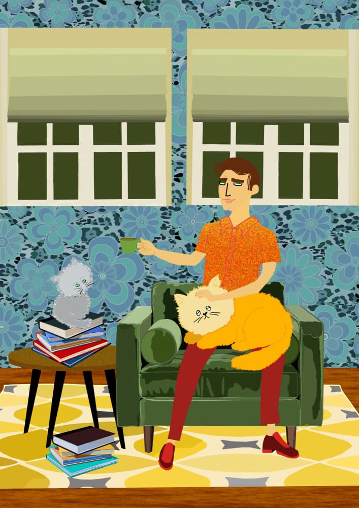 Cozy Man And Cats by Lynnda Rakos — canvas wall art