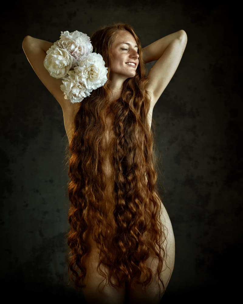 Serene Redhead with Peonies by Franky De Meyer — canvas wall art
